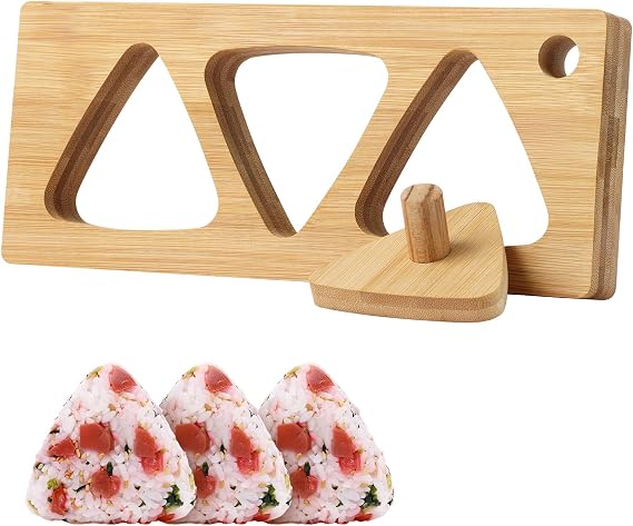 OUTXE Bamboo Onigiri Mold, 3 in 1 Onigiri Maker with Press Plate, Non-Stick Triangle Rice Mold for Lunch Bento, Home Kitchen DIY