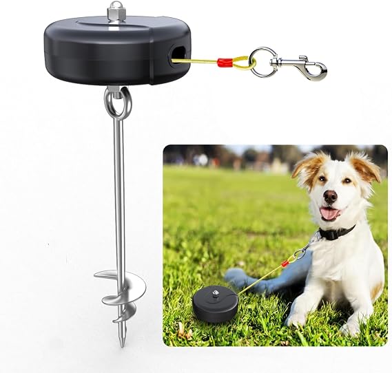 30ft Retractable Dog Tie Out Cable and Stake - No Tangle Leash for Between 10-90lbs - 360 Retractable Dog Lead Reel for Yard Camping Outdoor (M)