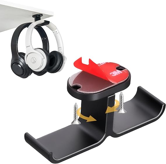 Under Desk Headphone Hanger with Strong Adhesive and Screws Mount, 360 Rotatable Dual Headset Holder Stand, Aluminum Metal Adjustable Headphone Hook, Perfect for Home Gaming & Office - Black