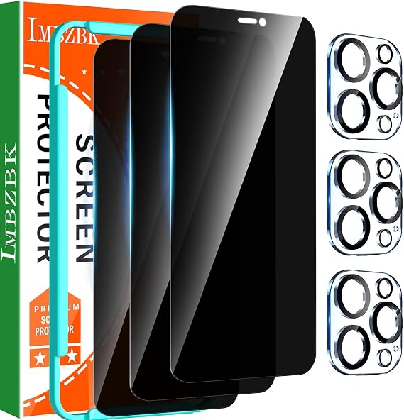 IMBZBK 3 Pack Privacy Screen Protector for iPhone 12 Pro Max,Tempered Glass | 9H+ Hardness, Military Grade Shatterproof, Case Friendly, Bubble Free Easy Installation Frame, with 3 Camera Lens Protectors