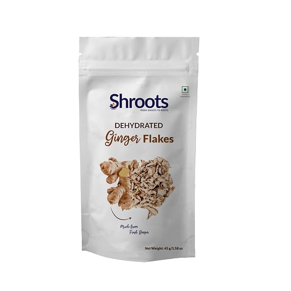 SHROOTS Dried Ginger Flakes 45g (1.58oz) Air Dried Ginger Root Pieces, Gluten Free, Vegan, No Added Salt, Dehydrated Ginger for Tea, Herbal Drinks, Baking, Curry, Stir Fry, Cooking, Meal Prep & Pantry Use