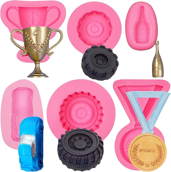 Race Car Silicone Molds 5 Pcs, 3D Round Tire Fondant Mold, Truck Wheel Shape Racing Car Chocolate Silicone Mold for Cake Decoration Candy Cupcake Topper Cake Polymer Clay Crafts