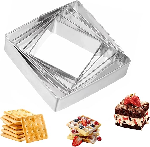 Square Cookie Cutter Set 5 PCS Stainless Steel Biscuit Cutters, Nested Baking Molds with 5 Sizes for Cookies Pastry Fondant Sandwich Dough, Metal Baking Cutter for Kitchen DIY Baking