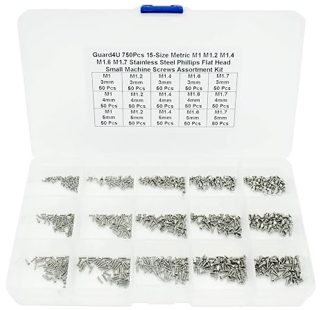 750Pcs 15-Size Metric M1 M1.2 M1.4 M1.6 M1.7 Stainless Steel Phillips Countersunk/Flat Head Small Machine Screws Assortment Kit