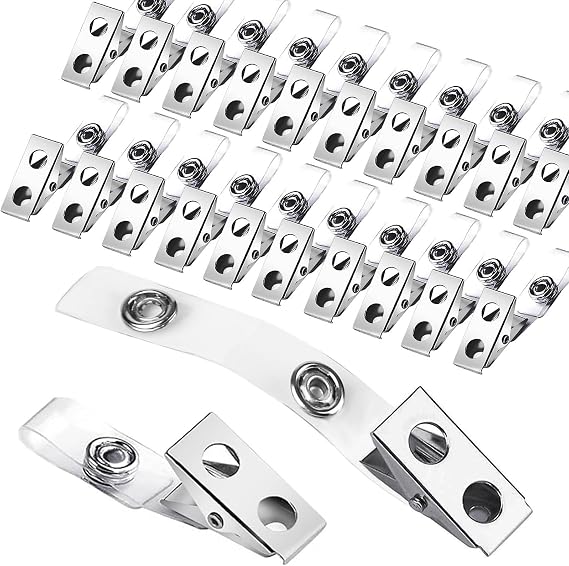 100 Metal Badge Clips with Clear PVC Straps - Double Holes ID Clips for Badges & Name Tags