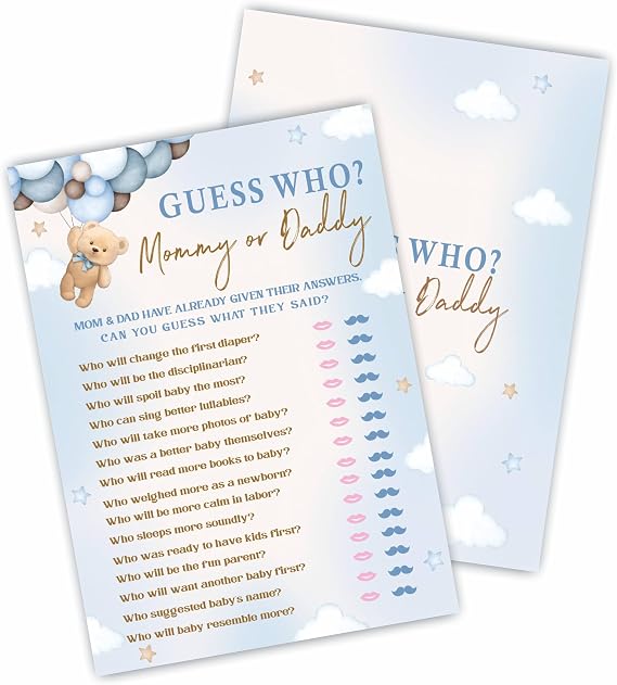 30 Guess Who? Cards for Baby Shower Game & Activity - 5"X7" Bear & Balloons Theme Mommy Or Daddy Double-Sided Fill In Cards, Gender Reveal Party Favors & Decorations