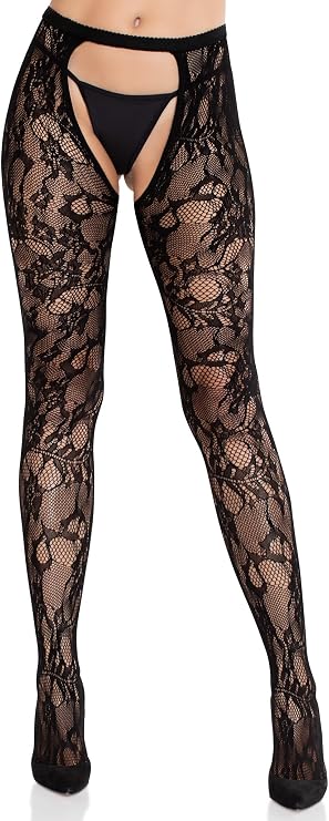 Leg Avenue Lace Tights with Open Crotch Design, Breathable Stretch Pantyhose