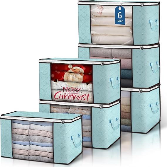 Budding Joy 90L Storage Bags, Large Clothes Storage Boxes with Zips Blue | Durable Handles & Thick Fabric, Ideal for Bedding, Blankets, Comforters, Space-saving Clothes Storage Boxes for Home