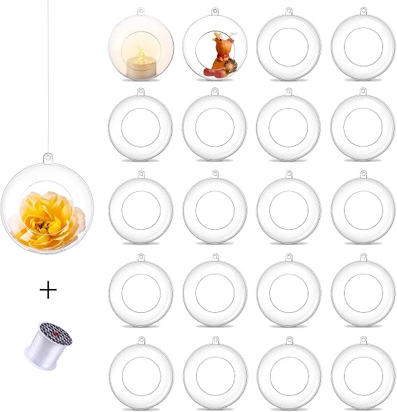 Romadedi 8cm Fillable Acrylic Hanging Tealight Holders, 20 Pack | Openable Clear Holders Include 15M Hanging Line, Fill with Small Decorations, for Wedding, Party and Birthday Decor
