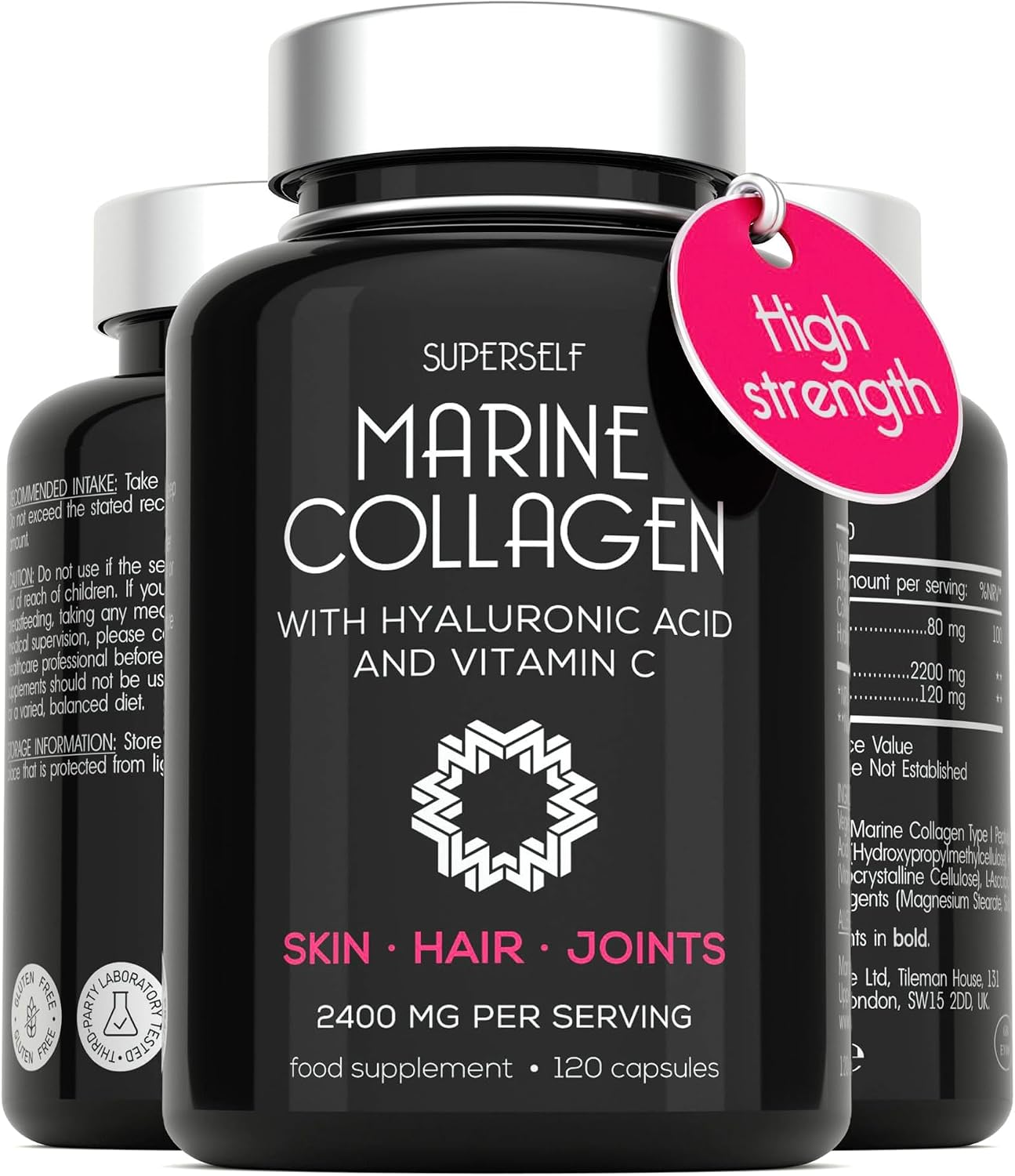 Marine Collagen Capsules 2200mg - with Hyaluronic Acid & Vitamin C - High Strength Complex for Skin Hair Support - Premium Type 1 Peptides - Collagen Supplements for Women & Men - 120 Capsules