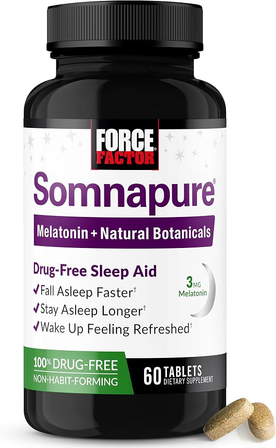 Force Factor Somnapure Drug-Free Sleep Aid for Adults | with Melatonin & Valerian, Non-Habit-Forming Sleeping Pills, Fall Asleep Faster, Wake Up Refreshed, 60 Tablets