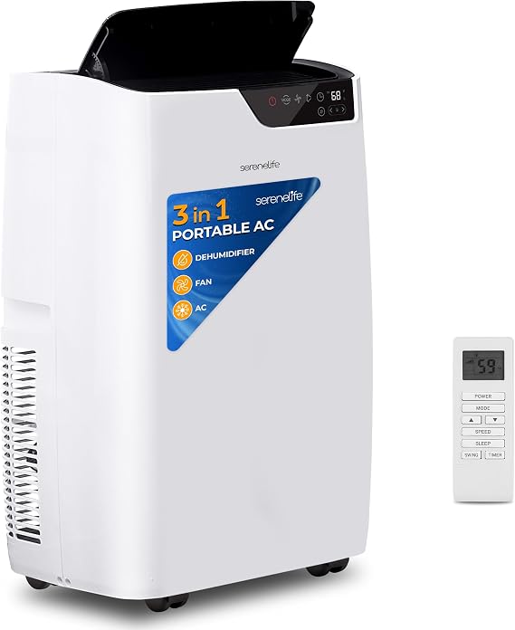 SereneLife 14000 BTU Portable Air Conditioner 4-in-1 with Heating - Compact Standing Air Conditioner for Room Up to 400 Sq. Ft. Floor AC Unit with Remote Control - Universal Casters, Window Mount Kit