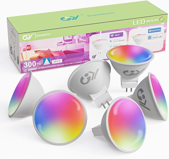 GY MR16 Smart LED Bulb,5W 300lm GU5.3 WiFi LED Light Bulb,Compatible with Alexa/Google Home 12V 2.4 GHz WLAN,Dimmable Warm White Cold White and Multicolour Bulb, Control by APP, 6 PCS [Energy Class G]