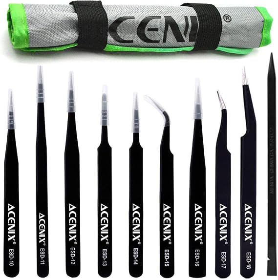 ACENIX 10Pcs Professional ESD Anti-Static Stainless Steel Tweezers Tools Sets with Black Nylon Spudger Curved Tip for Electronics Jewelry Work Hobbies