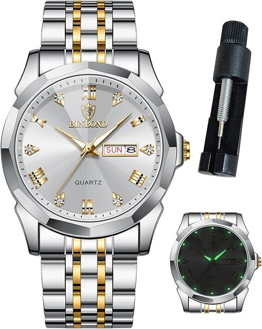 BINBOND Watches for Men Luxury Diamond Business Dress Analog Quartz Stainless Steel Waterproof Luminous Date Two Tone Casual Wrist Watch