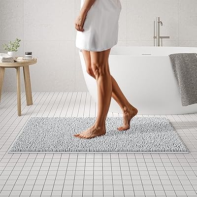 MAYSHINE Plush Shaggy Chenille Bath Mat | Extra Soft, Super Absorbent, Non-Slip Bathroom Rug | Fluffy Microfiber, Area Rug Sets for Bathroom Floor, Kitchen, Living Room | 47x27 | White