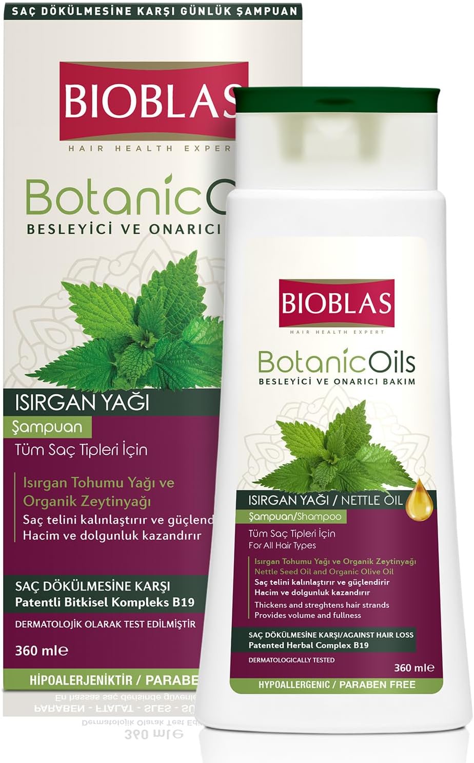 Bioblas Saç Dökülmesine Karşı Bitkisel Şampuan – Isırgan Tohumu Yağı & Zeytinyağı İçerikli, Dolgunlaştırıcı Etki, Kompleks B19, 360 ml