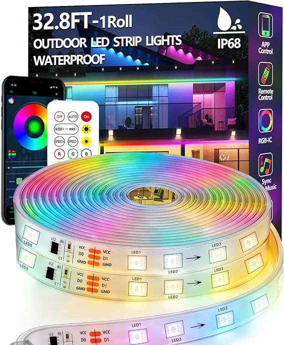10m Outdoor LED Strip Lights Waterproof,IP68 Outside RGB+IC Light Strip with App/Remote Control,Chase Mode,Music Sync Rope Light for Balcony,Deck,Rooftop,Garden,Pool [Energy Class A]