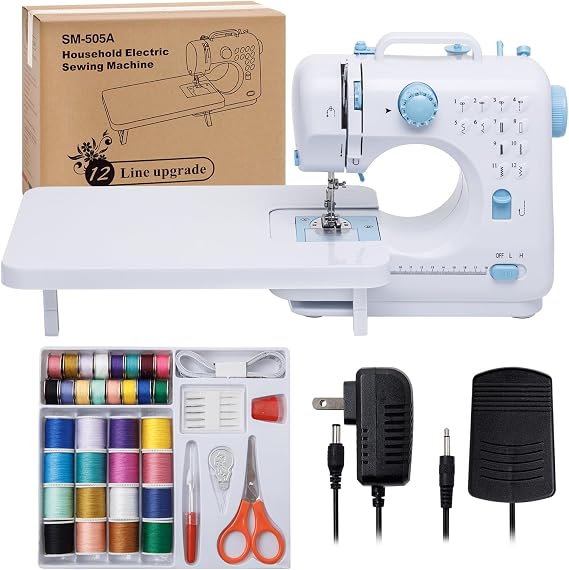 Sewing Machine 505 for Beginners with Expansion Table Large Heavy Duty Sewing Machines for Adult and Kids Ages 8-12 Easy Sewing with Foot Pedel 12 Builit-in Stitches (White and Blue)