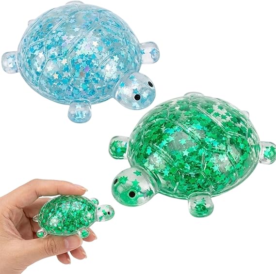 2 PCS Turtle Squishy Set, Maltose Glitter Turtle Shape,Squishy Turtles with Slow-Return Texture and Sparkling Stars for Desk Display, in Blue and Green