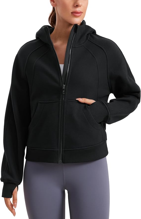 CRZ YOGA Fleece Lined Full Zip Hoodie Jackets | Midweight, Casual, Oversize, Soft, Breathable, Cotton, Warm, Thumb Holes, Pockets, for Women