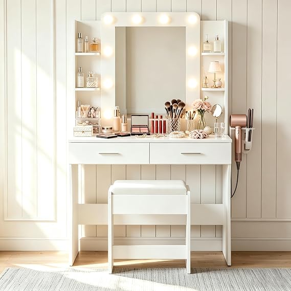 BonVache Dressing Table with Mirror and Stool, Vanity Desk with 3 Lighting Colours Mirror and Power Strip, Makeup Table Set for Bedroom with 2 Drawers, 6 Open Shelves and Hair Dryer Holder,1AC 2USB ﻿