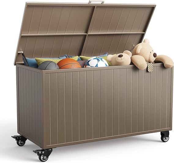 150 Gallon Outdoor Storage Box with Wheels, Metal Deck Boxes,Brown | Hydraulic Pistons, Waterproof Large Deck Box for Patio Cushions, Pool Accessories & Garden Tools