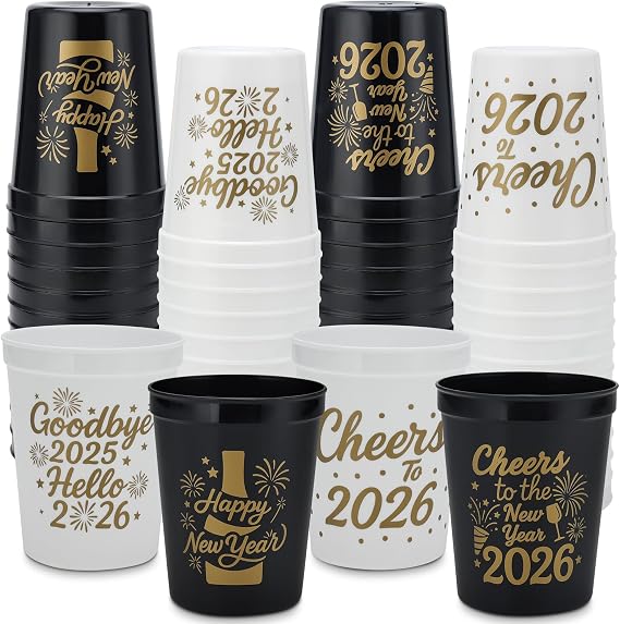 20 Pack New Year 2026 Party Cups - 16oz Black & White Reusable Plastic Stadium Tumblers with 4 Festive Designs, Perfect for Holiday & New Year Eve Celebrations