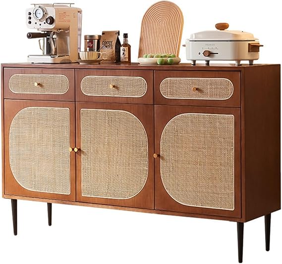 Sideboard Buffet Cabinet Rattan Solid Wood Sideboard Household Multifunctional with Drawers Three Door Classification Storage Cabinet Free Standing Cabinet
