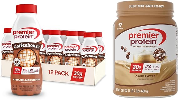 Bundle of Premier Protein Caramel Macchiato Protein Shake + Cafe Latte Protein Powder