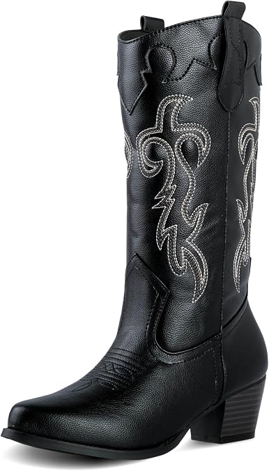 Women's Rodeo Boots - Classic Western Booties for Women & Teen Girls, Black, Mid-Calf, Faux Leather, Memory Foam Insole, Cowboy Boots
