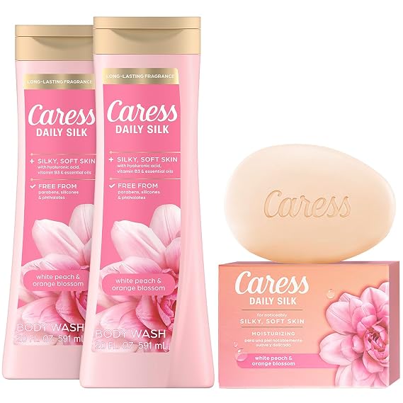 Caress Body Wash 2-Pack + Bar Soap, Daily Silk Bundle Bath & Shower Essentials for Silky Soft Skin, White Peach & Orange Blossom