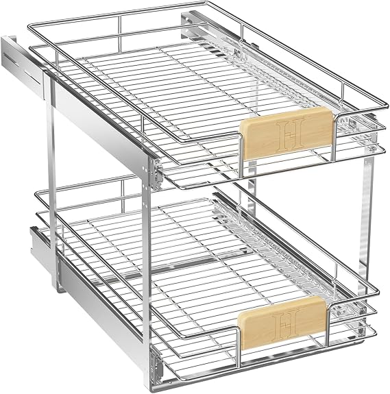 2 Tier Pull Out Cabinet Organizer with Wooden Handle, 1312" W x 2112" Kitchen Cabinet Pullout Shelf, Heavy Duty Slide Out Pantry Drawer Storage For Kitchen, Bathroom