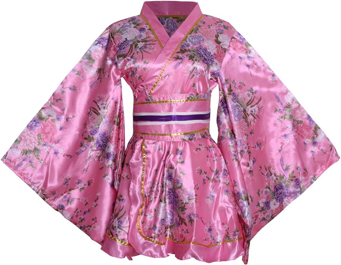 HONGFU Womens Short Kimono Costume, Floral Pattern, Long Sleeve, Japanese Traditional Geisha, Yukata, Lolita Dress, Sexy Bath, Srobe, Sleepwear Robe, Belt Outfit