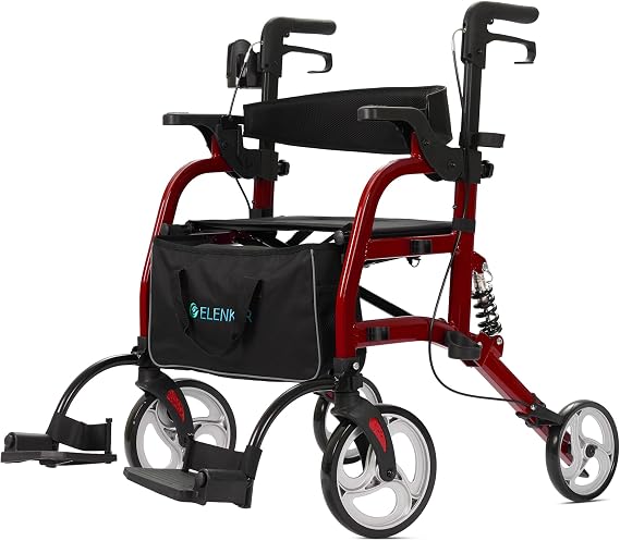 ELENKER 2 in 1 Rollator Walker & Transport Chair for Seniors, Red