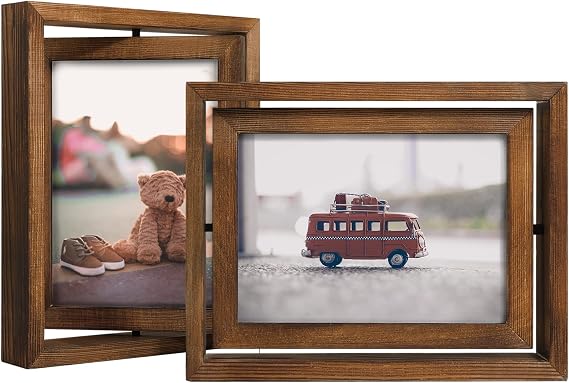 Egofine 2 Pack 5x7 Rotating Floating Picture Frames,Double-Sided Display with HD Glass Front Wooden Distressed Frame for Vertical or Horizontal Tabletop Display, Carbonization