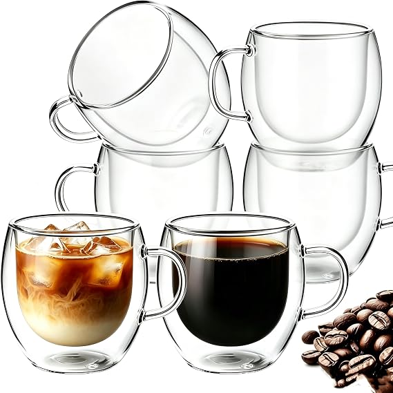 80ML Double Walled Glass Coffee Mugs, Set of 6 Clear Cappuccino Mug, Double Insulated Glass Coffee Cups with Handle, Espresso Mugs for Cappuccino, Latte, Tea, Hot/Cold Drink