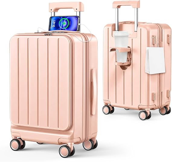 BARGOHOY Suitcase, Front Opening, Carry Case, Expansion Function, Ultra Lightweight, USB Port, TSA Lock, Quiet Double Casters Pink, Size L / 95L 7 Night - Long Trip