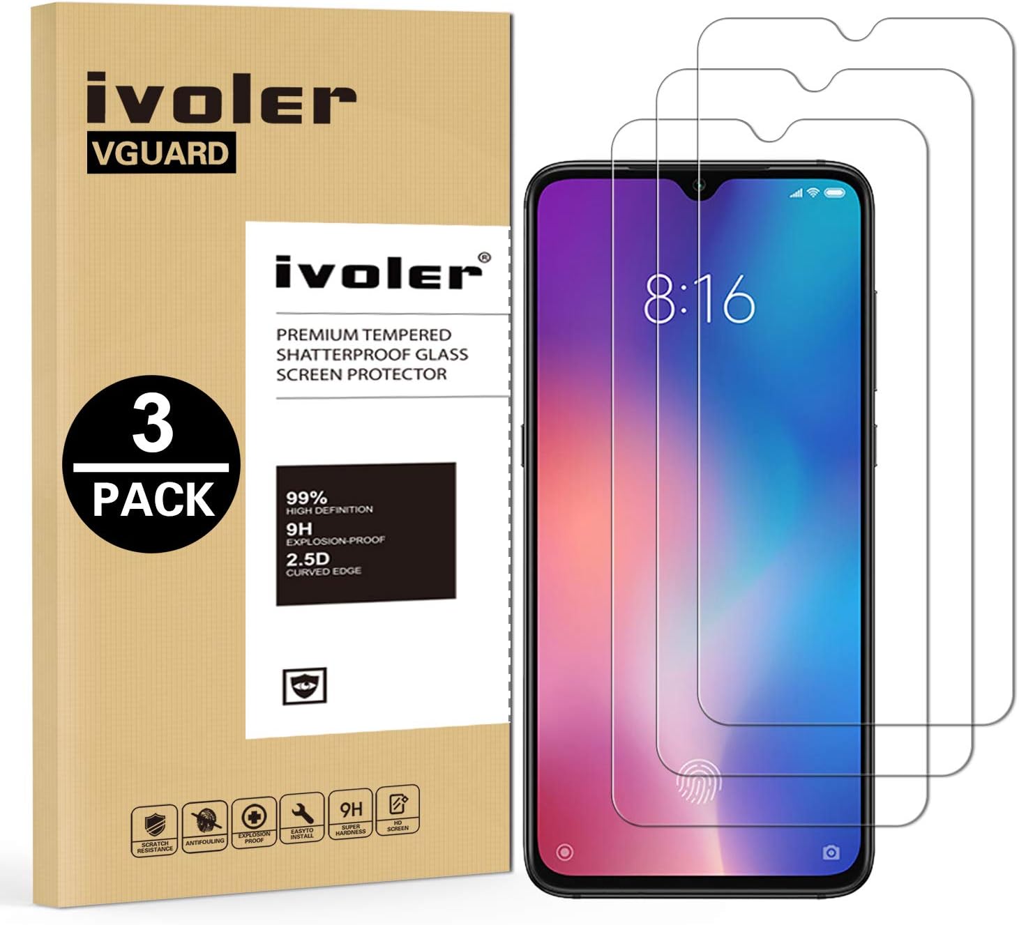 VGUARD [Pack of 3] Screen Protector for Xiaomi Mi 9, Protective Glass Screen Protector Tempered Glass Screen Protector for Xiaomi Mi 9