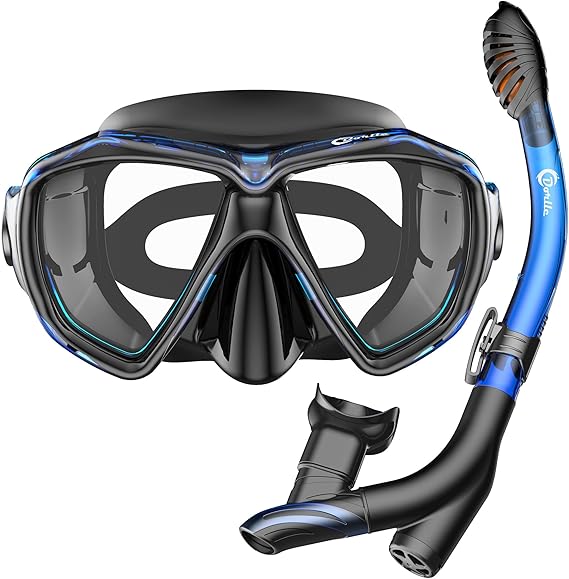 Dorlle Snorkel Set Diving Mask with Anti-Fog Tempered Glass, Anti-Leak Dry Top Snorkel Mask, Easy Breathing and Adjustable Snorkeling Gear for Adults and Youth