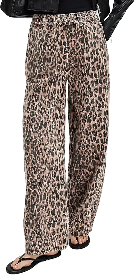Kedera Women's Leopard Print Jeans Baggy Wide Leg Trousers Mid Rise Y2K Jeans Loose Elastic Waist Drawstring Pants