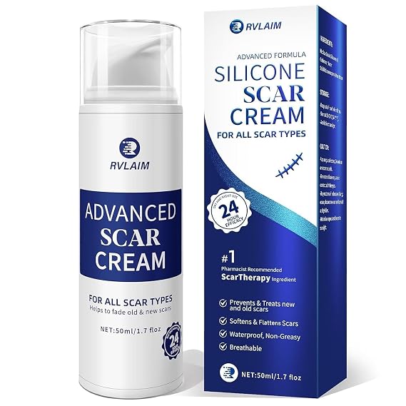 Rvlaim Silicone Scar Cream, Advanced Scar Removal Gel for Old & New Scars, Improves Color & Texture for Post-Surgery, C-Section & Acne Scars, Fast-Drying Non-Greasy Formula, 1.7 fl oz