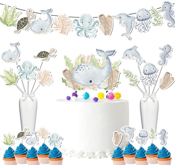 Underwater Party Decor Set - Magical Ocean Adventure Kit for Birthdays & Baby Showers, Includes Banners, Centerpieces, Cupcake Toppers