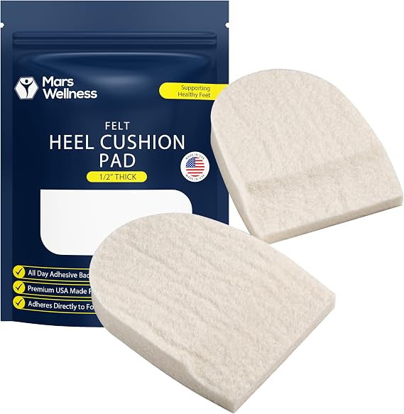 Felt Heel Pads Cushion for Shoes 1/2" with Adhesive - 2 Pair | Felt Heel Cushion for Pain Relief - 1/2" Thick, Adhesive Backing