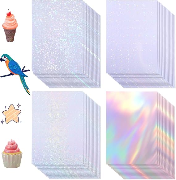 80 Pcs Holographic Sticker Paper, Holographic Laminate Sheets, Transparent Holographic Vinyl Laminate Film, A4 Waterproof Holographic Clear Vinyl for DIY Crafts, 4 Patterns (11.61x8.26 Inches)