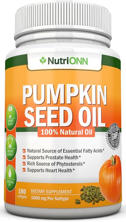NutriONN Pumpkin Seed Oil - 1000MG - 180 Softgels - Cold-Pressed Natural Pumpkin Seed Oil - Natural Source of Essential Fatty Acids - Great for Hair Growth, Prostate Health and GI Tract