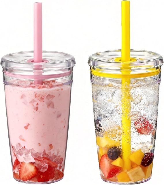 2 Pack 450ml Clear Plastic Iced Coffee Travel Cups, Reusable with Lids and Straws, for Cold Hot Beverages (2, Pink, Yellow)