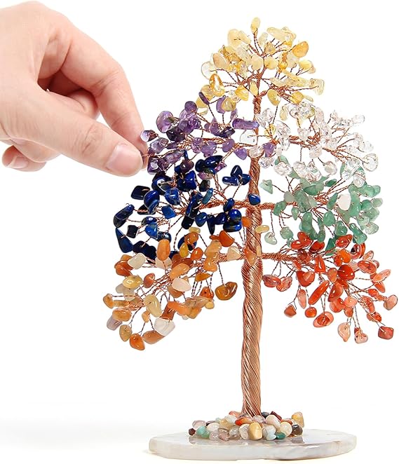 8" Large 7 Chakra Healing Crystal Tree of Life with Agate Slice Base