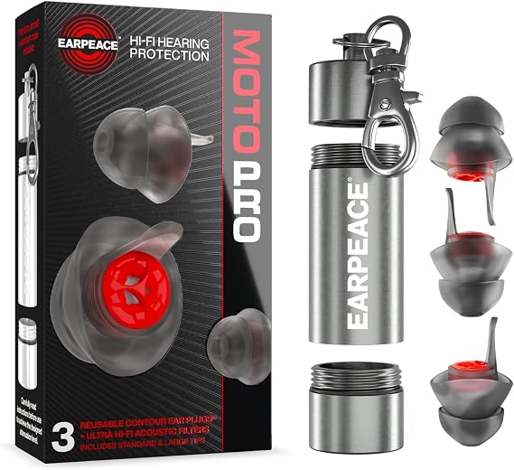 EarPeace Moto PRO Motorcycle Ear Plugs - Hearing Protection | Reusable Noise-Reducing Earplugs for Riding - Includes 2 Earplug Sizes, Premium 24dB PRO Filters and Aluminum Carry Case