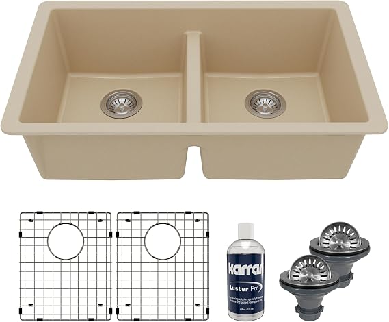 Karran QU-810 32" Undermount Double Equal Bowl Quartz Kitchen Sink Kit in Bisque